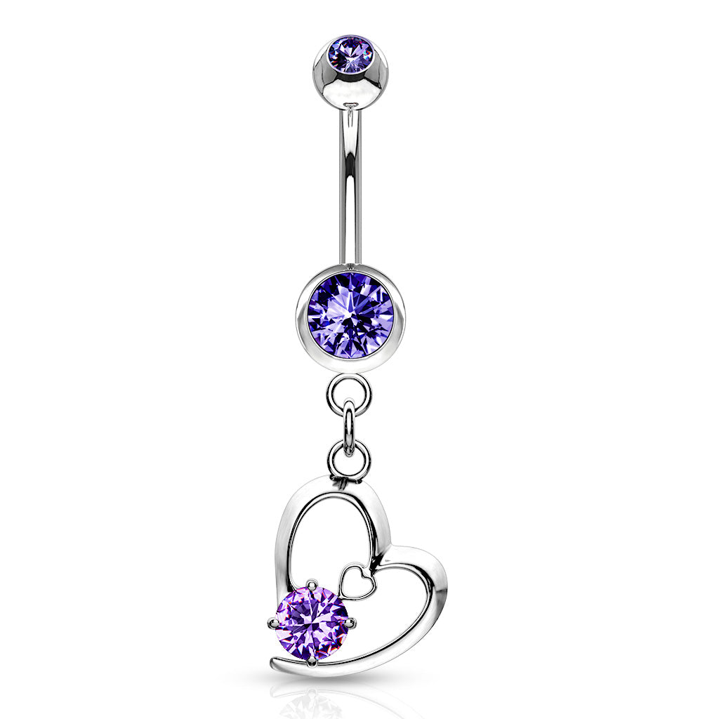 Dangling Silver Crystal Heart Belly Button Ring - Purple