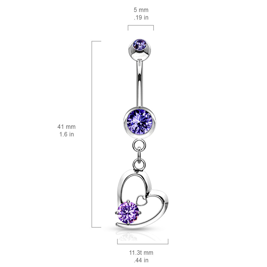14 Gauge Dangling Crystal Heart Belly Button Ring - Purple Size Guide