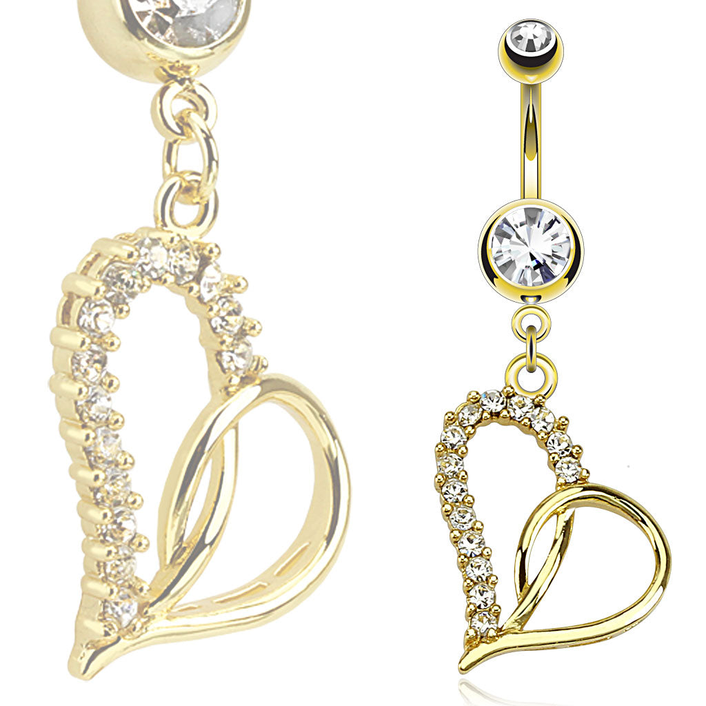 Cherry Diva belly bar 14 Gauge Dangling Loop Heart Belly Bar - Gold