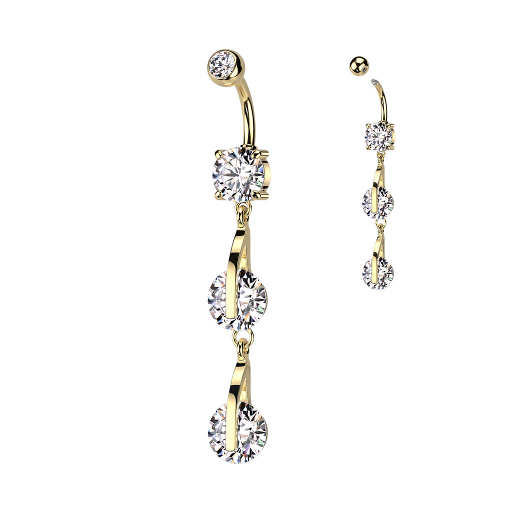 Double Dangling Crystal Belly Button Ring - Gold