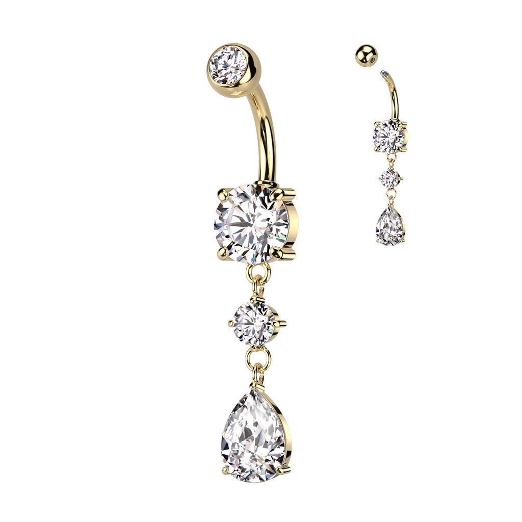 Double Dangling Crystal Tear Drop Belly Button Ring - Gold