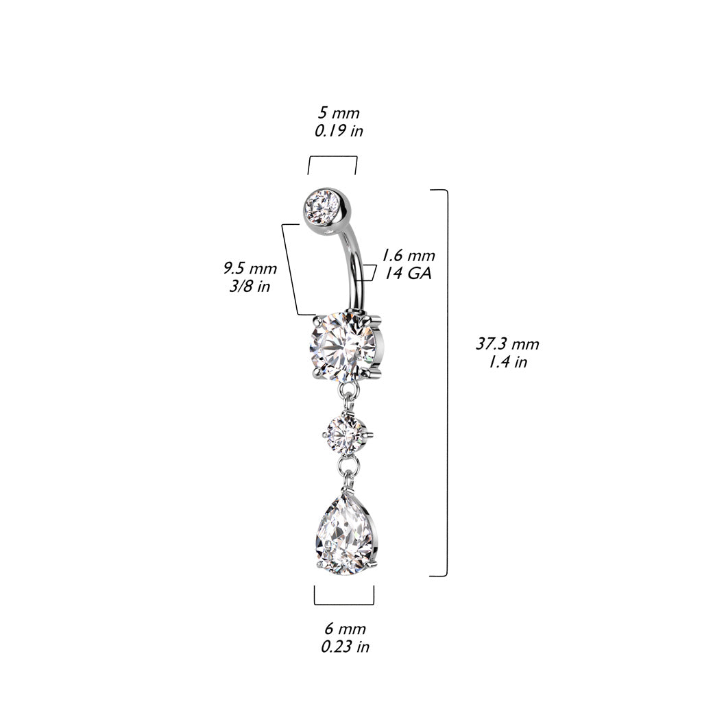 Cherry Diva belly bar 14 Gauge Double Dangling Crystal Teardrop Belly Bar - Gold