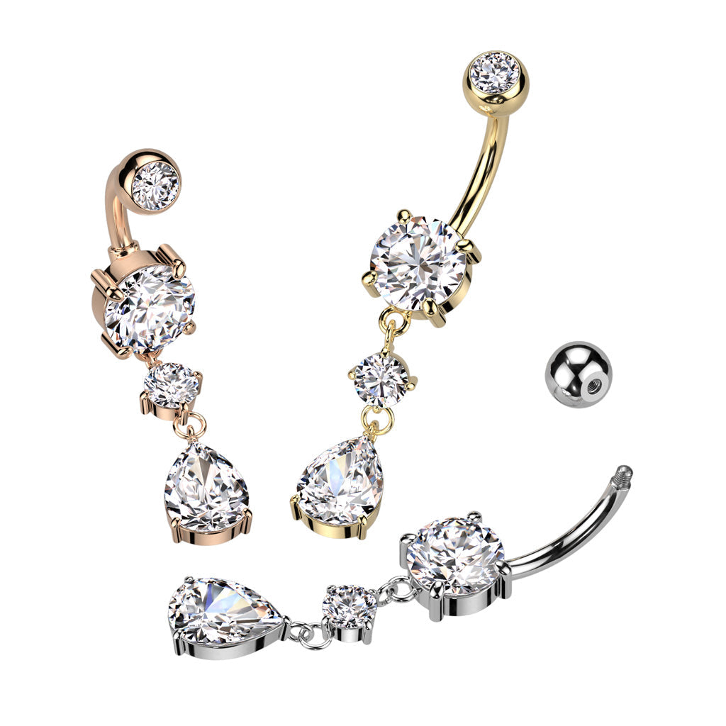 Cherry Diva belly bar 14 Gauge Double Dangling Crystal Teardrop Belly Bar - Silver