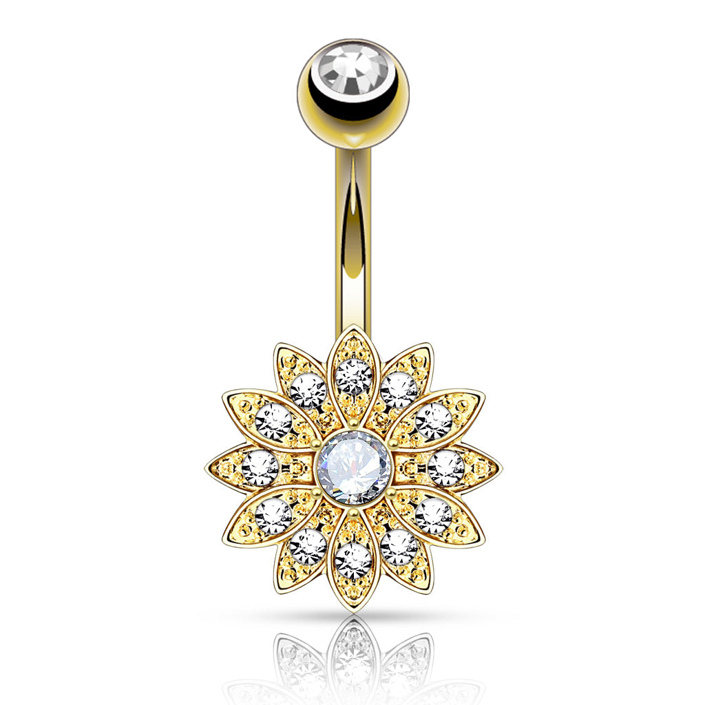 Cherry Diva belly bar Gold 14 Gauge Aurora Flower Crystal Belly Button Bar