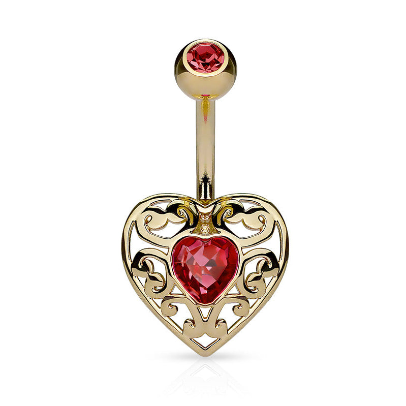 Cherry Diva belly bar Gold 14 Gauge Crystal Filigree Heart Belly Bar