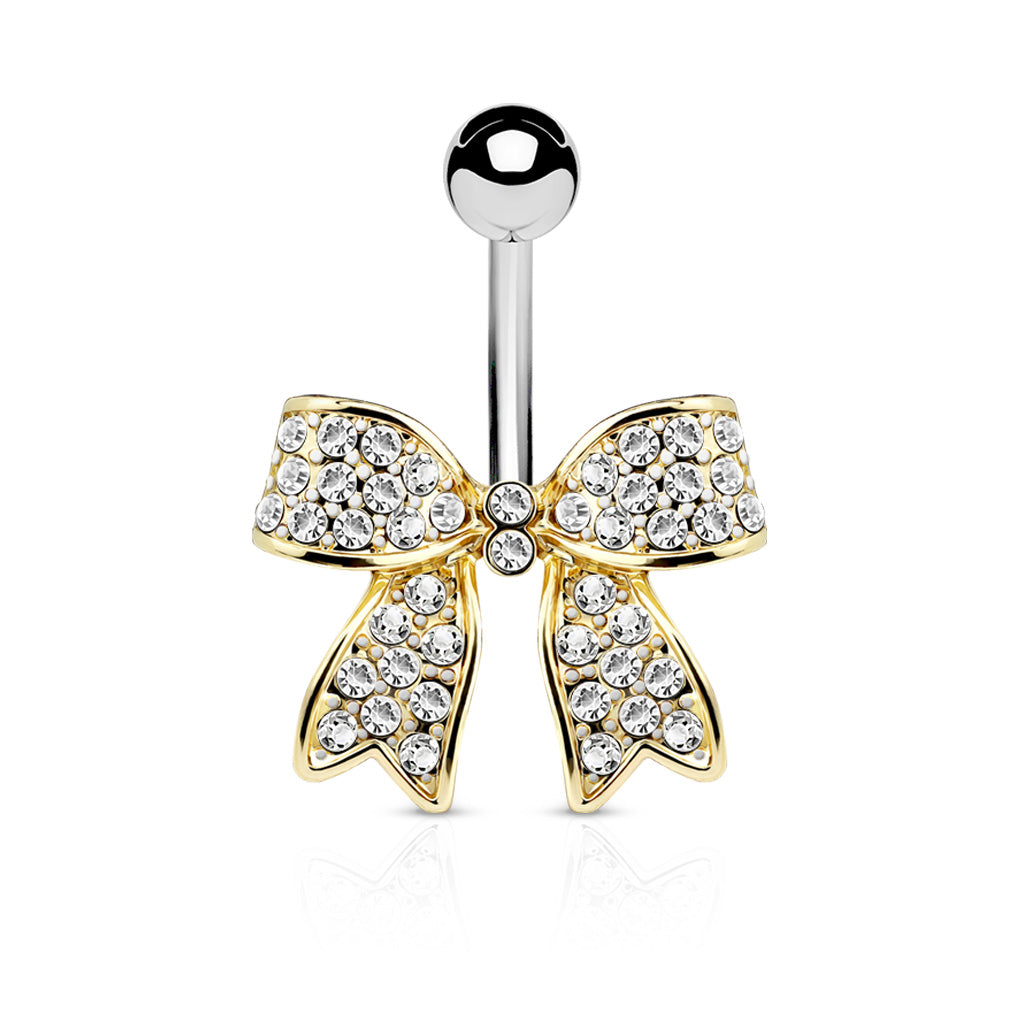 Cherry Diva Belly Bar Gold 14 Gauge Crystal Paved Bow Belly Button Bar