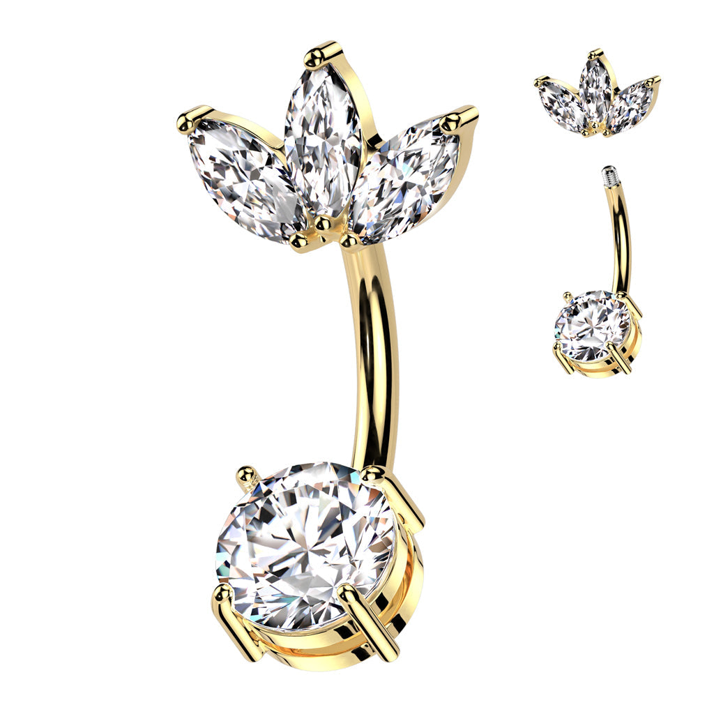 Cherry Diva belly bar Gold 14 Gauge Crystal Triple Flower Belly Bar