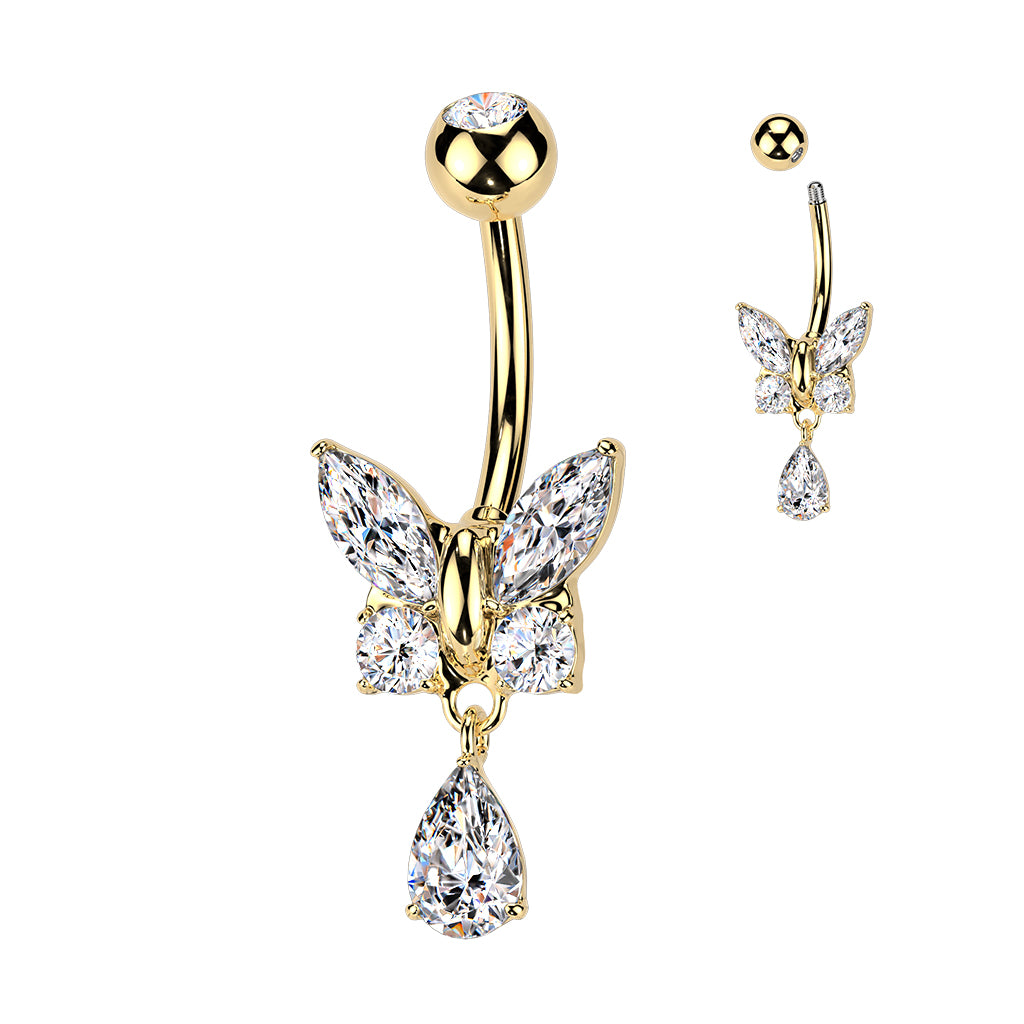 Cherry Diva Belly Bar Gold 14 Gauge Dangling Crystal Butterfly Belly Button Bar