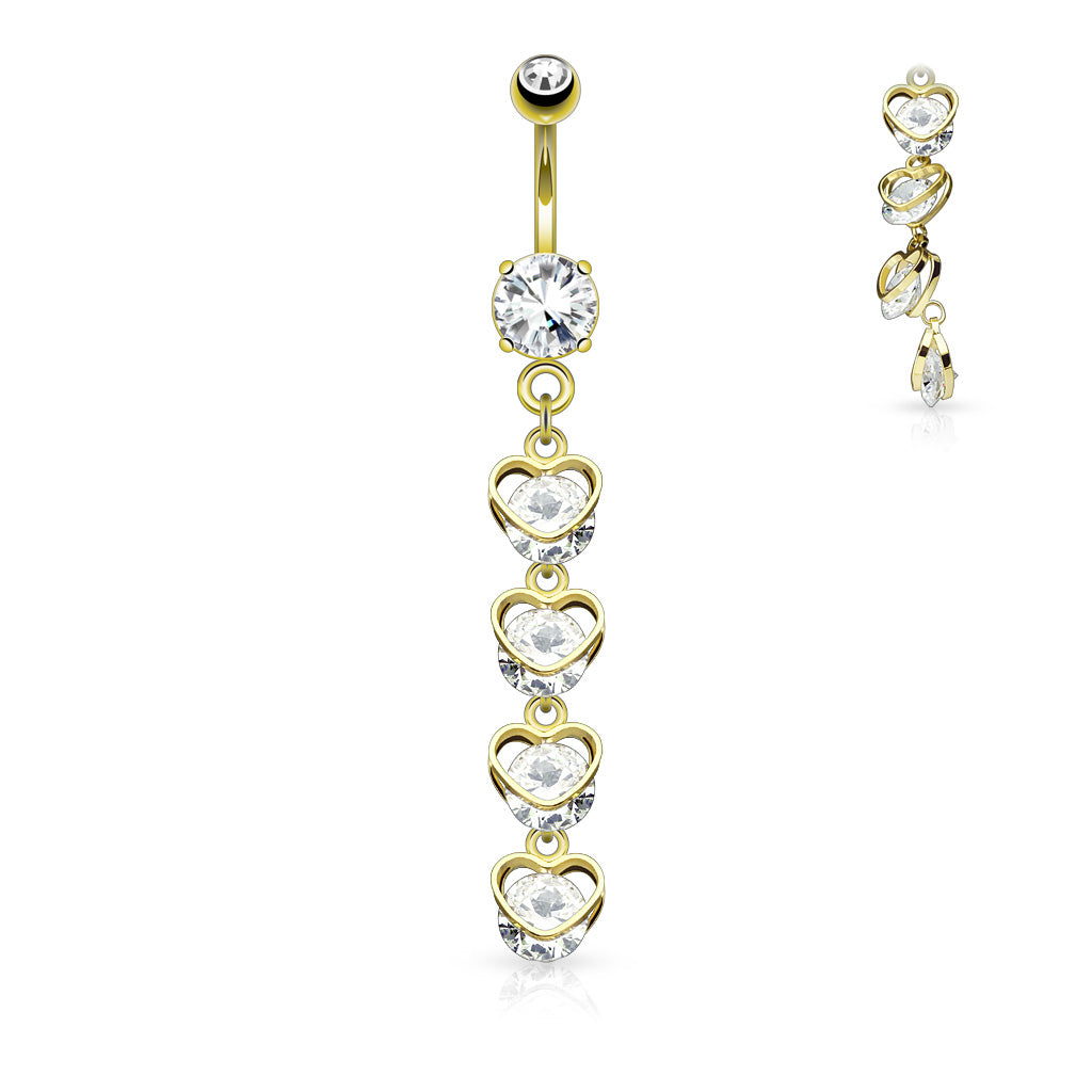 Cherry Diva belly bar Gold 14 Gauge Dangling Crystal Hearts Belly Bar
