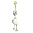 Cherry Diva Belly Bar Gold 14 Gauge Dangling Moon & Stars Belly Bar