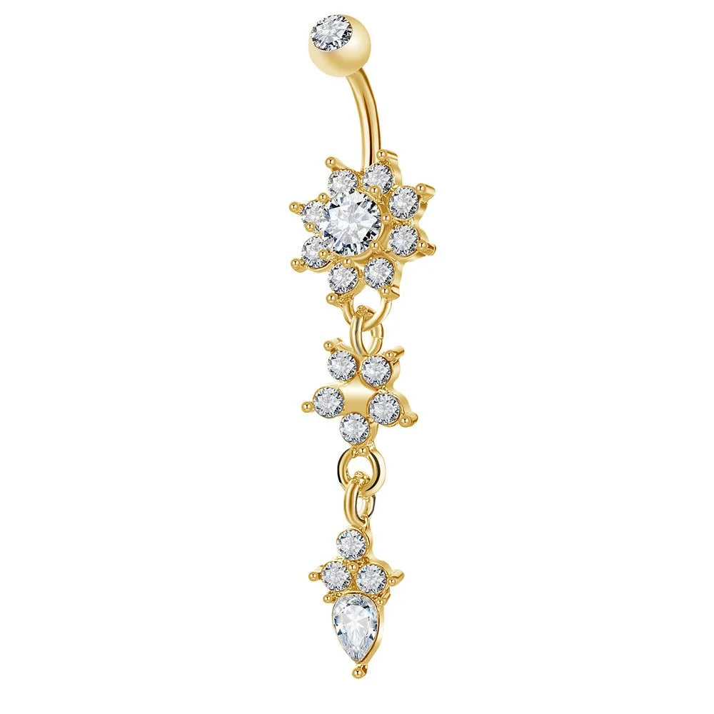 Cherry Diva Belly Bar Gold 14 Gauge Dangling Triple Crystal Flower Belly Button Bar