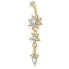 Cherry Diva Belly Bar Gold 14 Gauge Dangling Triple Crystal Flower Belly Button Bar