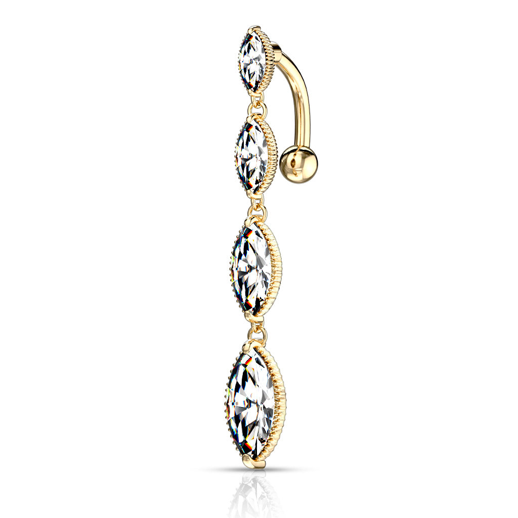Cherry Diva Belly Bar Gold 14 Gauge Dangling Triple Crystal Reverse Belly Button Bar