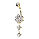 Cherry Diva Belly Bar Gold 14 Gauge Double Dangling Crystal Flower Belly Bar