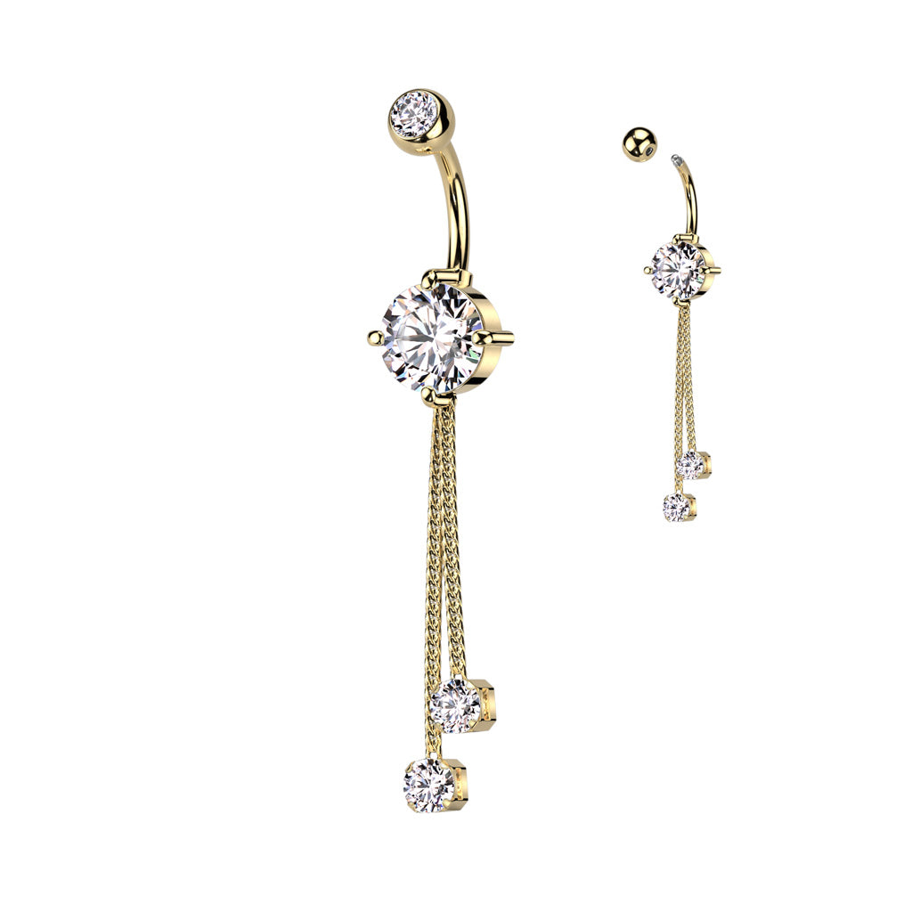 Cherry Diva belly bar Gold 14 Gauge Double Dangling Crystal Rope Belly Bar