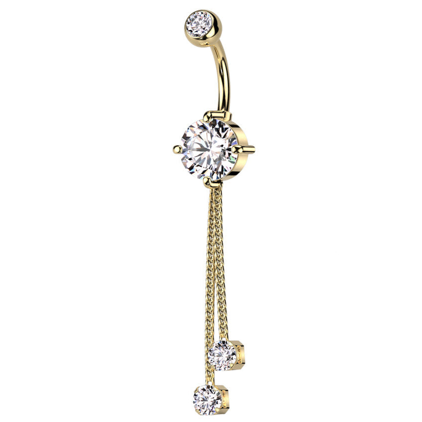 Cherry Diva belly bar Gold 14 Gauge Double Dangling Crystal Rope Belly Bar