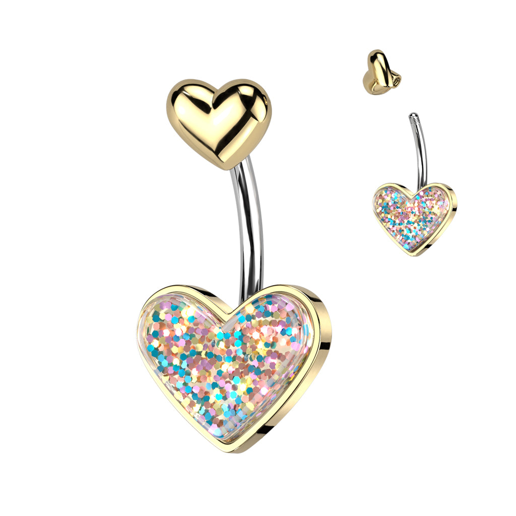 Cherry Diva Belly Bar Gold 14 Gauge Glitter Heart Shaped Belly Button Bar