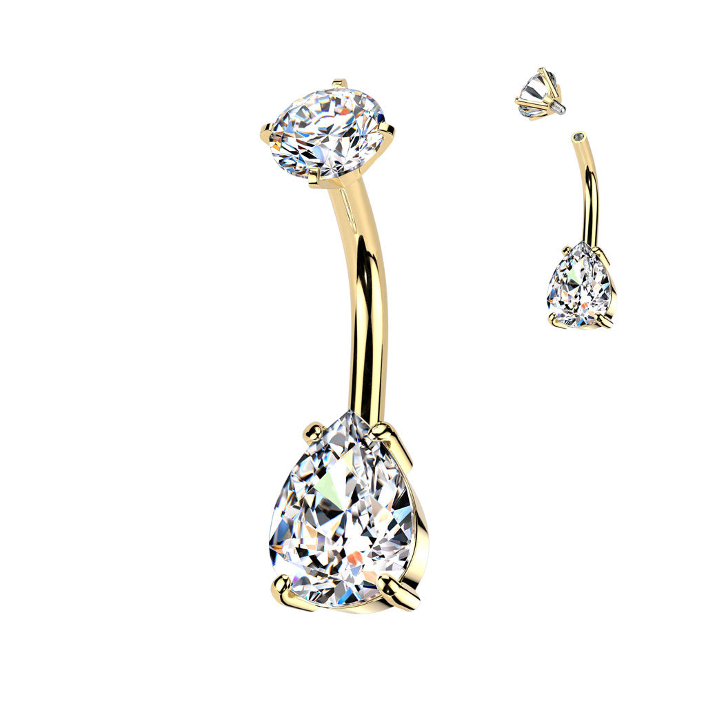 Cherry Diva belly bar Gold 14 Gauge Hypoallergenic Double Crystal Belly Button Bar