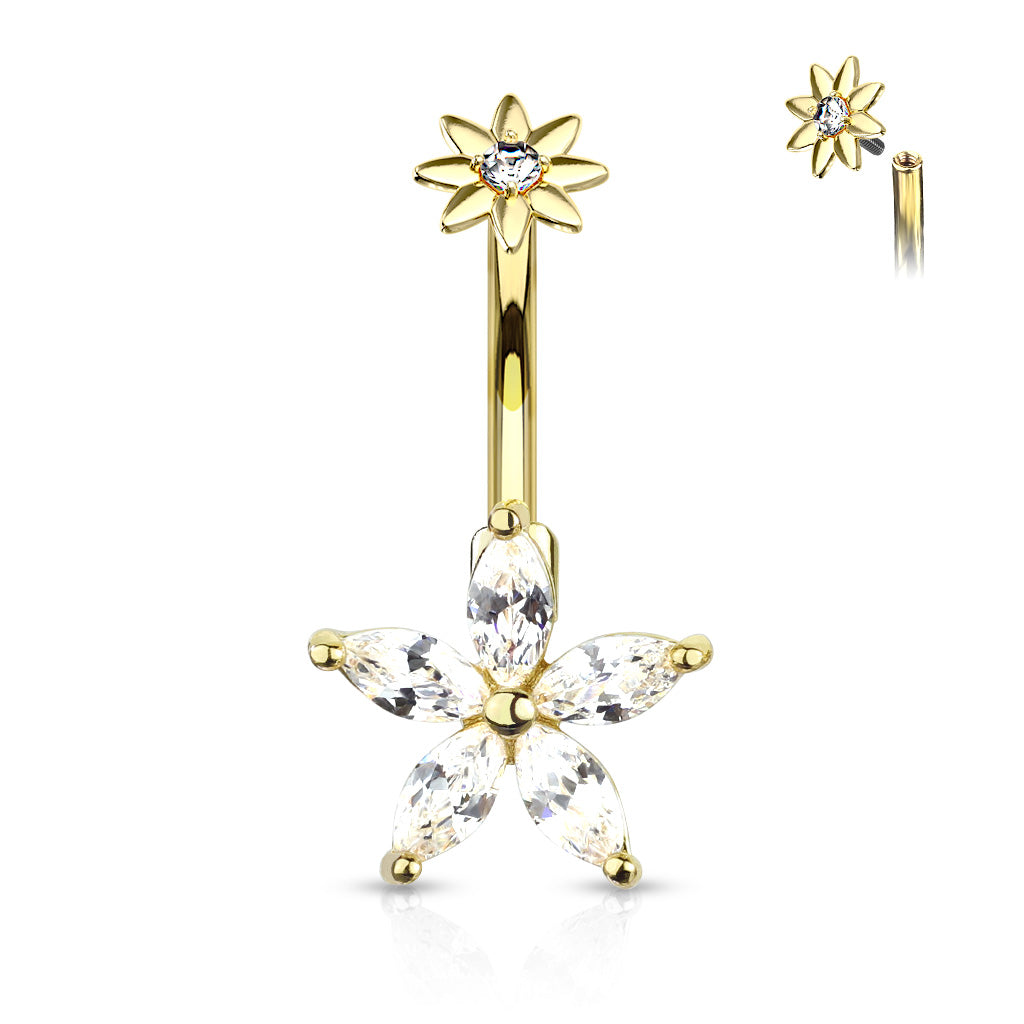 Cherry Diva belly bar Gold 14 Gauge Internally Threaded Marquise Flower Crystal Belly Bar