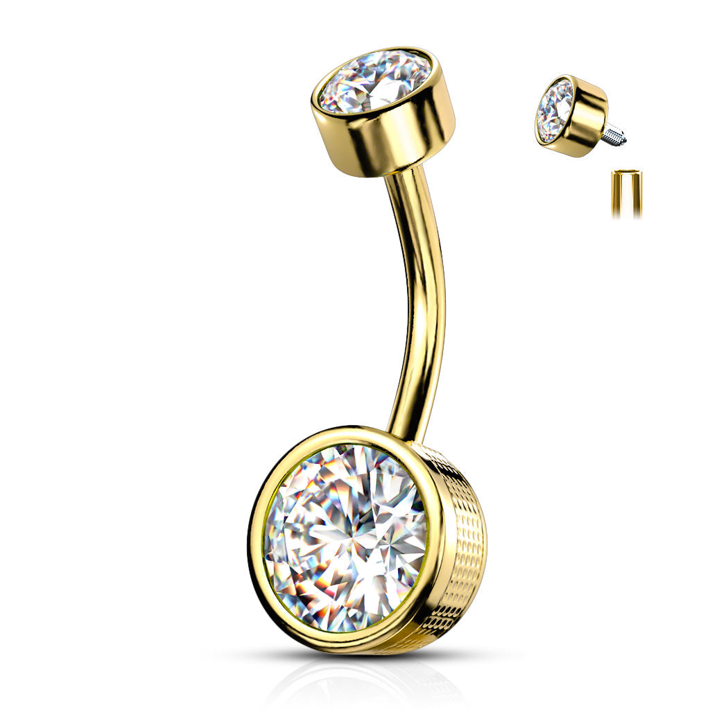 Cherry Diva Belly Bar Gold 14 Gauge Internally Threaded Round Crystal Belly Bar