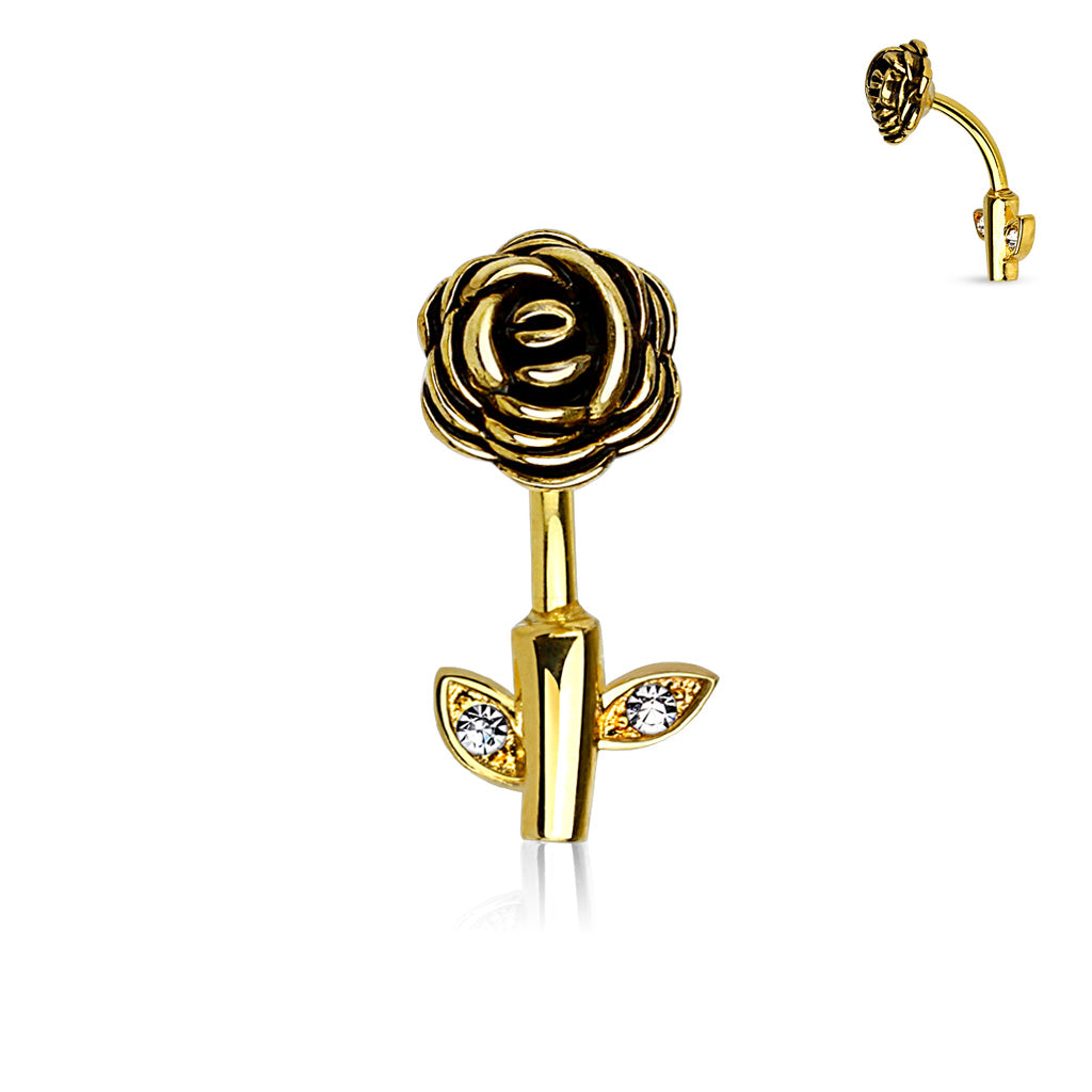 Cherry Diva belly bar Gold 14 Gauge Rose Stem Belly Button Bar