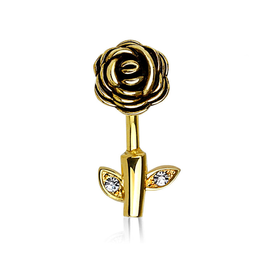 Cherry Diva belly bar Gold 14 Gauge Rose Stem Belly Button Bar