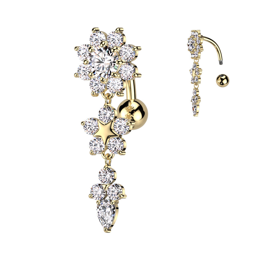 Cherry Diva belly bar Gold 14 Gauge Triple Crystal Flower Reverse Belly Button Bar
