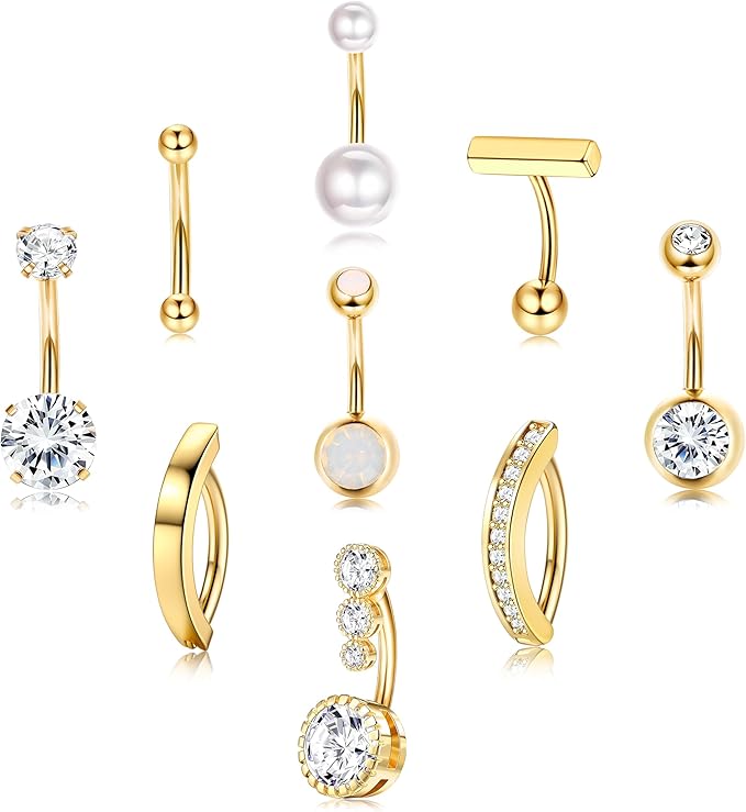 Cherry Diva Belly Bar Gold Multi Pack Of 9 Crystal & Hinged Belly Button Bars