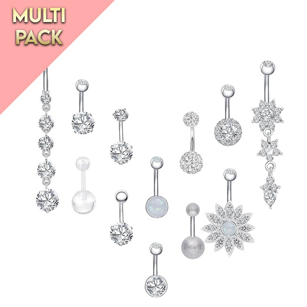 Multi Pack Of 12 Silver Crystal Belly Bars