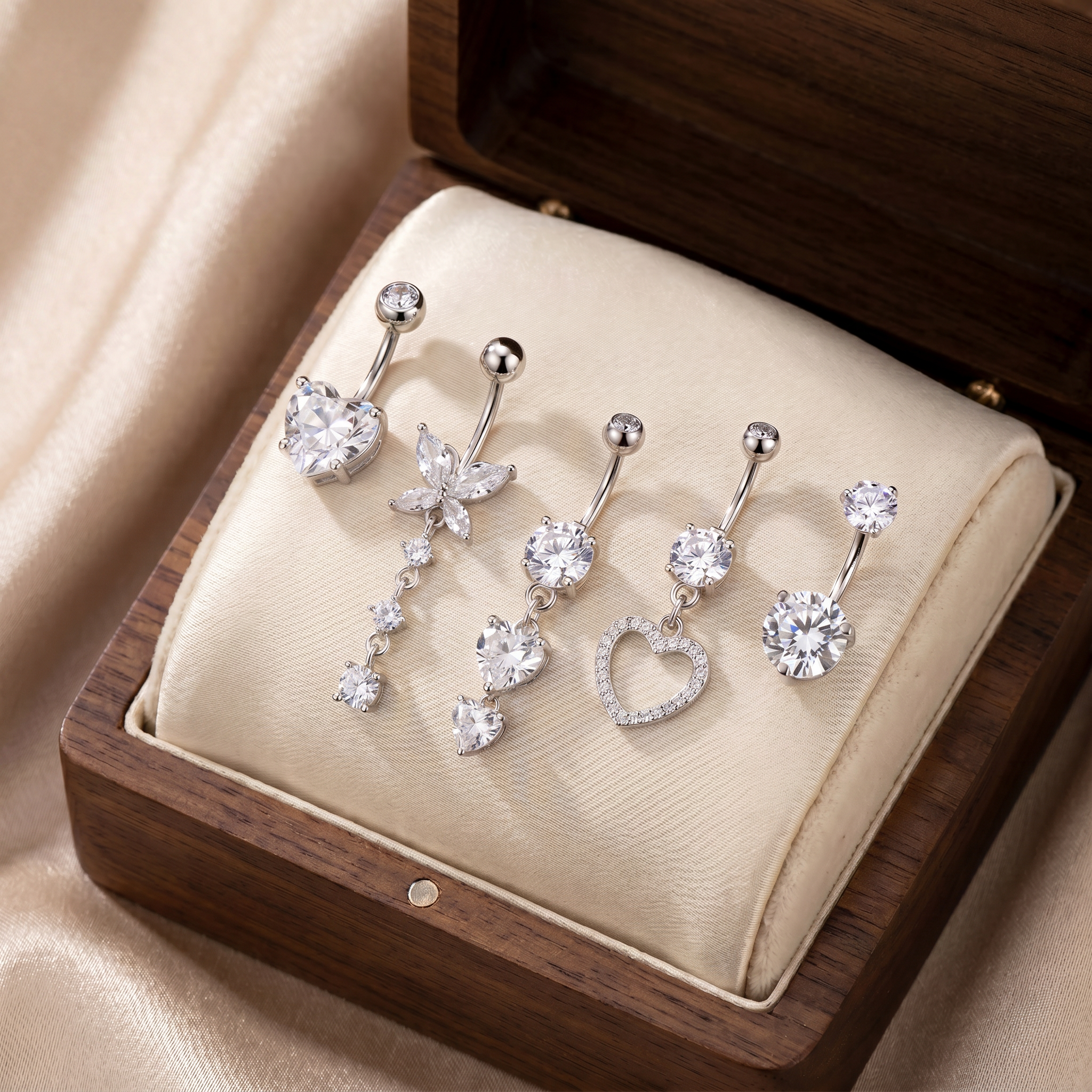 Cherry Diva Belly Bar Multi Pack Of 5 Crystal Dangling Silver Belly Button Bars