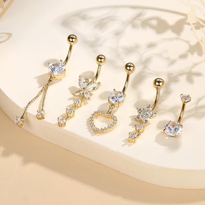 Cherry Diva belly bar Multi Pack Of 5 Gold Crystal Belly Button Bars