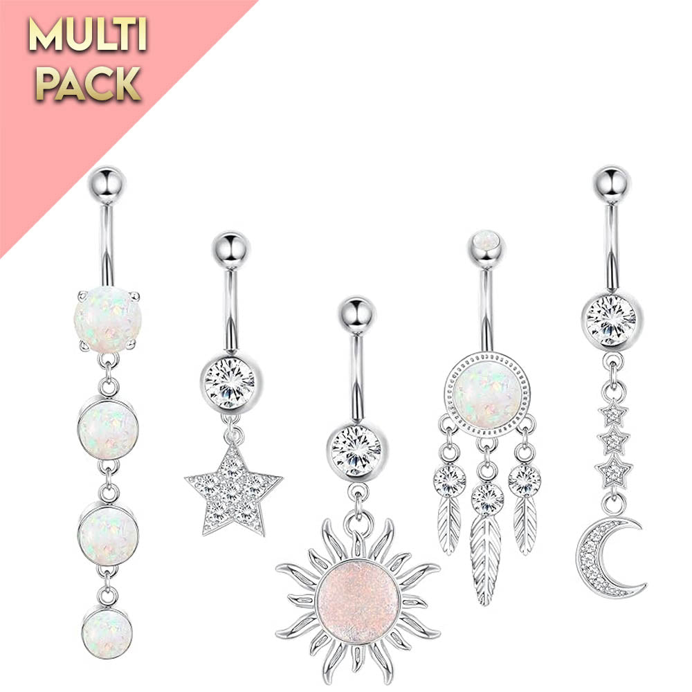 Multi Pack Of 5 Silver Opal Belly Button Bars