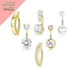 Cherry Diva Belly Bar Multi Pack Of 6 Crystal Golden Belly Button Bars