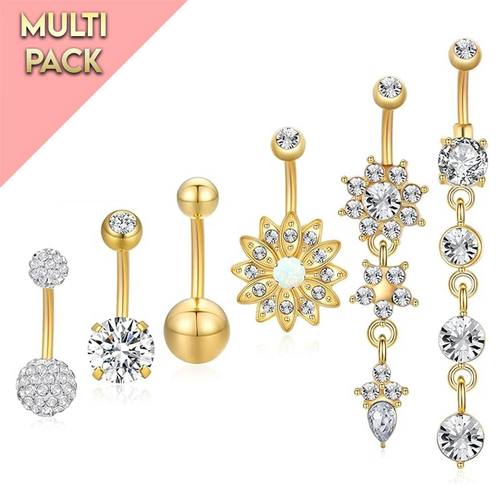 Multi Pack Of 6 Gold Crystal Belly Button Bars