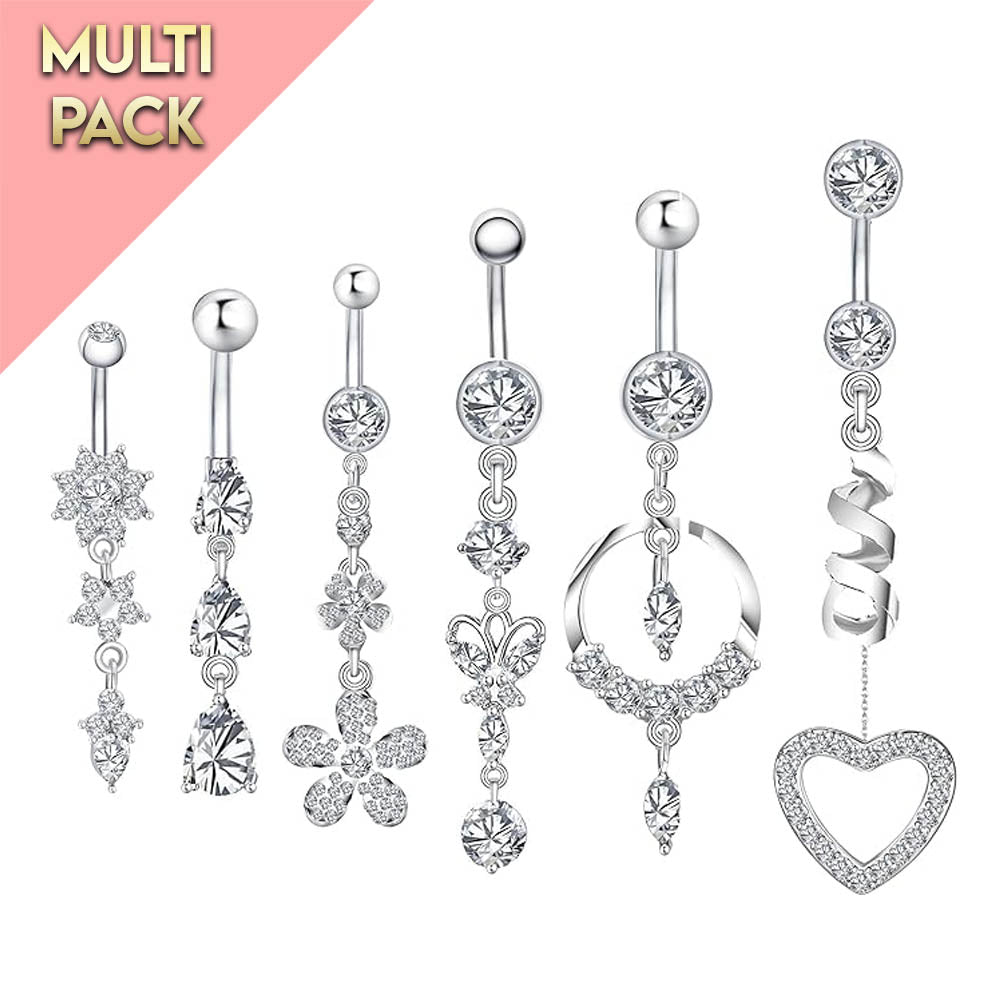 Multi Pack Of 6 Silver Crystal Belly Bars