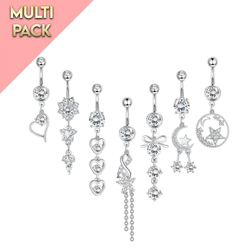 Multi Pack Of 7 Dangling Silver Belly Button Bars