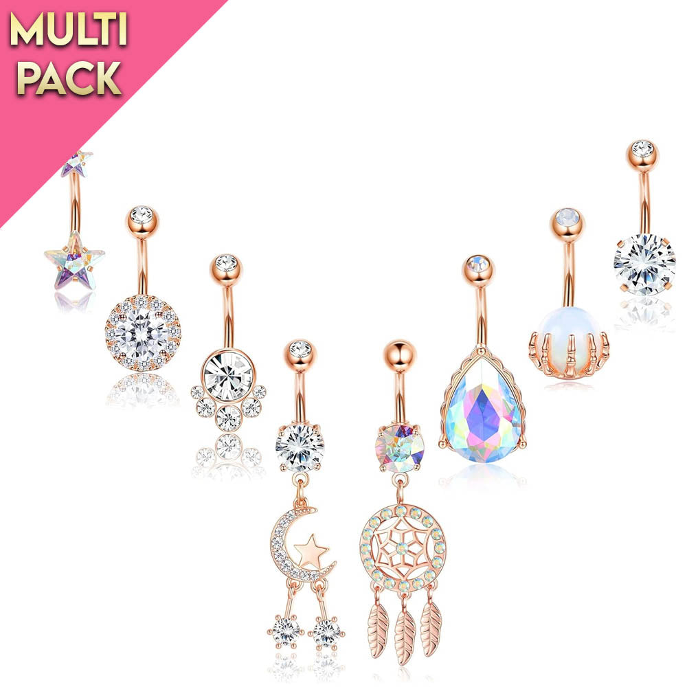 Multi Pack Of 8 Crystal Belly Bars Rose Gold