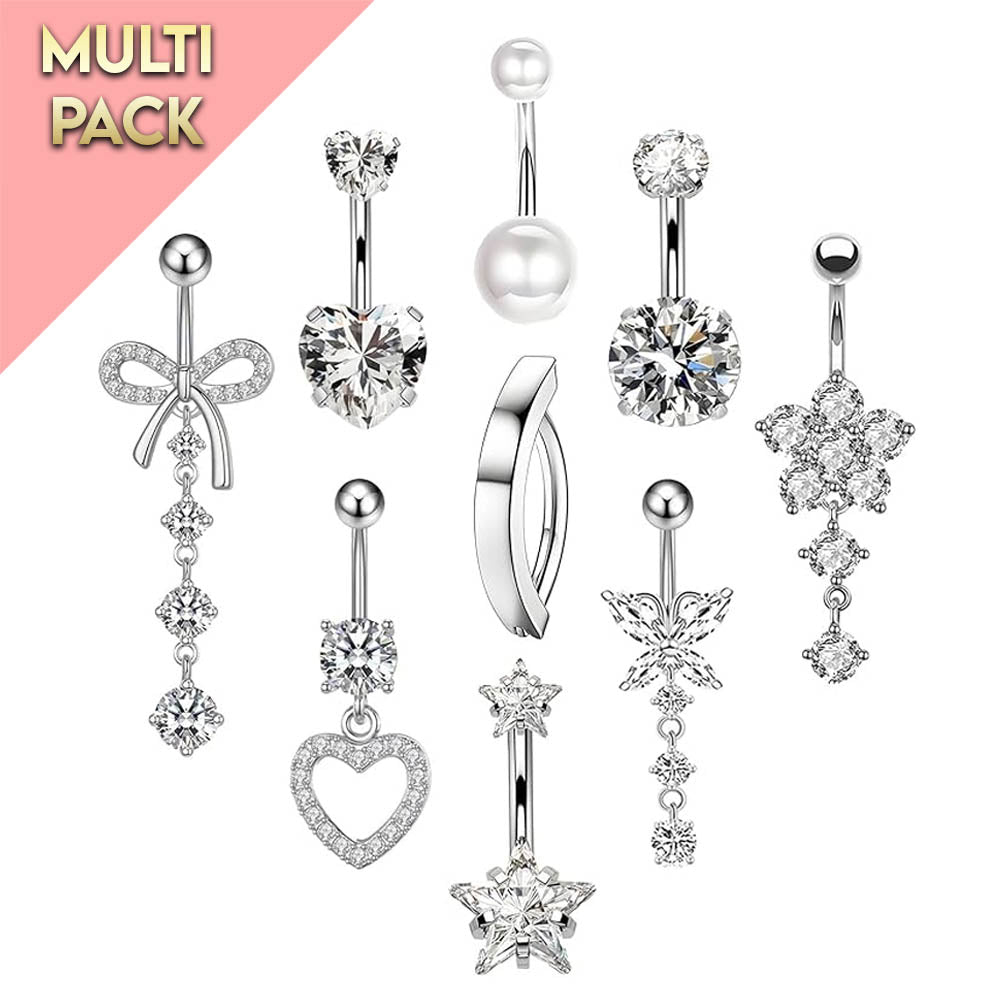 Cherry Diva Belly Bar Multi Pack Of 9 Silver Crystal Dangling & Hinged Belly Bars