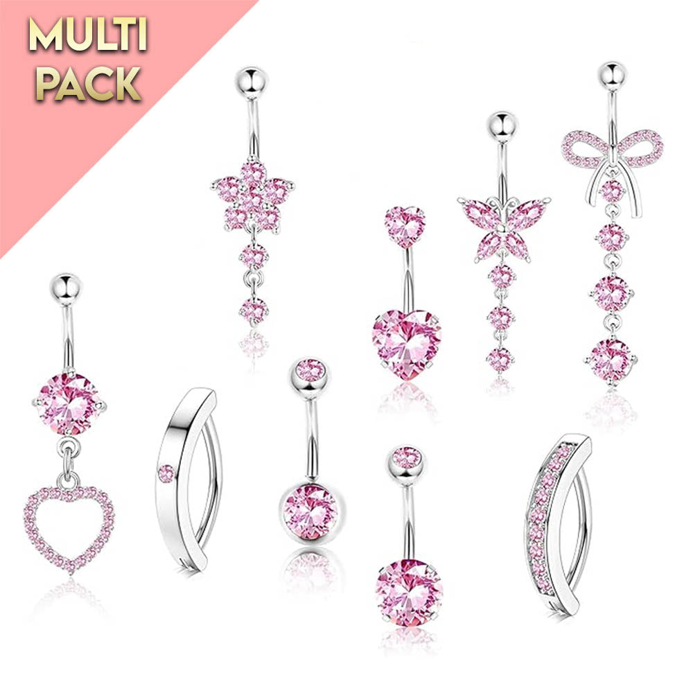 Cherry Diva Belly Bar Multi Pack Of 9 Silver Crystal Dangling & Hinged Belly Bars