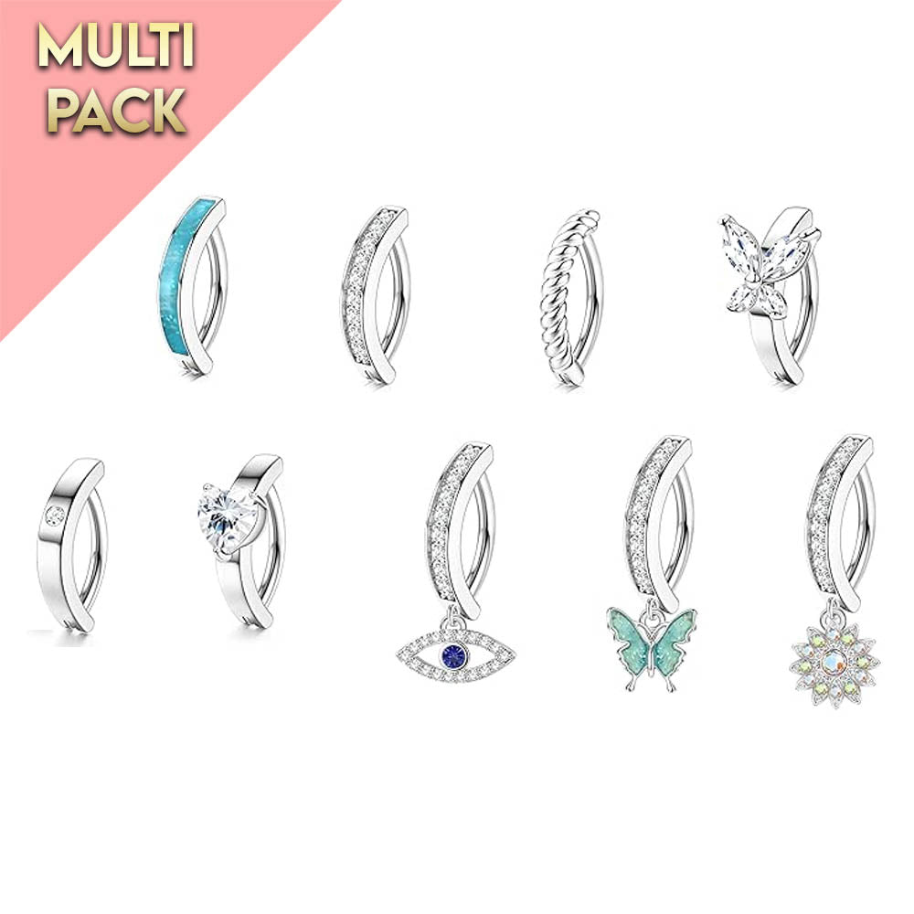 Cherry Diva Belly Bar Multi Pack Of 9 Silver Crystal Hinged Belly Bars