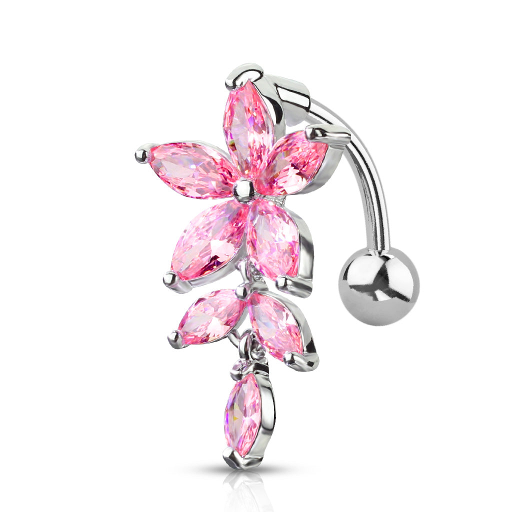 Cherry Diva belly bar Pink 14 Gauge Dangling Crystal Flower Reverse Belly Button Bar
