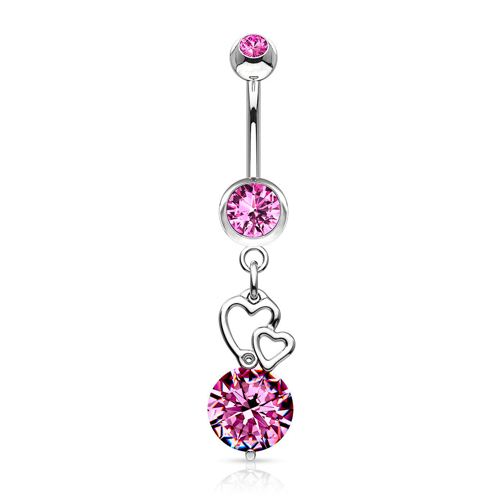 Cherry Diva Belly Bar Pink 14 Gauge Silver Dangling Crystal Heart Belly Button Bar