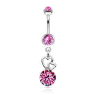 Cherry Diva Belly Bar Pink 14 Gauge Silver Dangling Crystal Heart Belly Button Bar