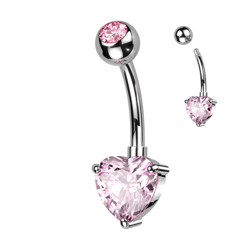 Cherry Diva belly bar Pink 14 Gauge Titanium Prong Set Crystal Heart Belly Button Bar