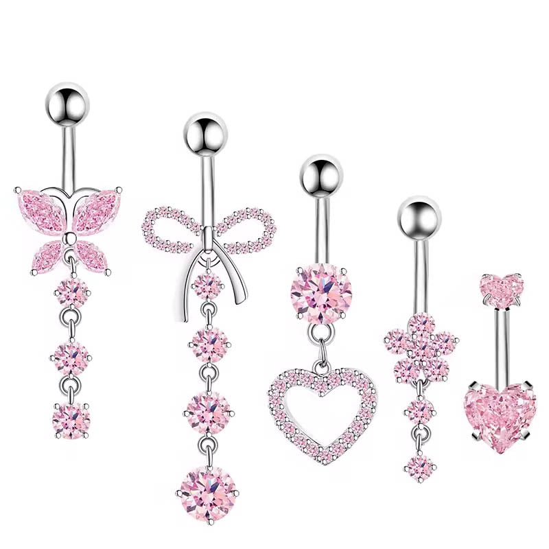 Cherry Diva Belly Bar Pink Multi Pack Of 5 Dangling Crystal Belly Button Bars