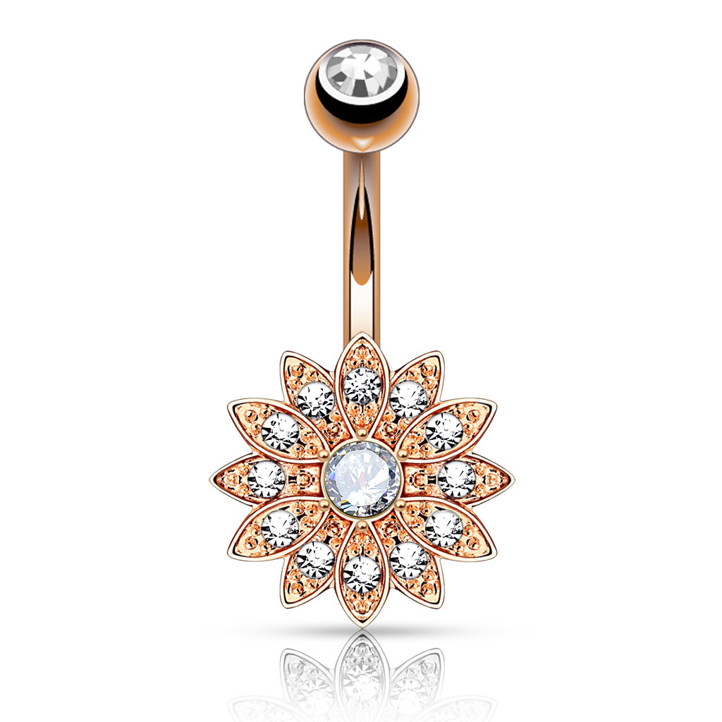 Cherry Diva belly bar Rose Gold 14 Gauge Aurora Flower Crystal Belly Button Bar