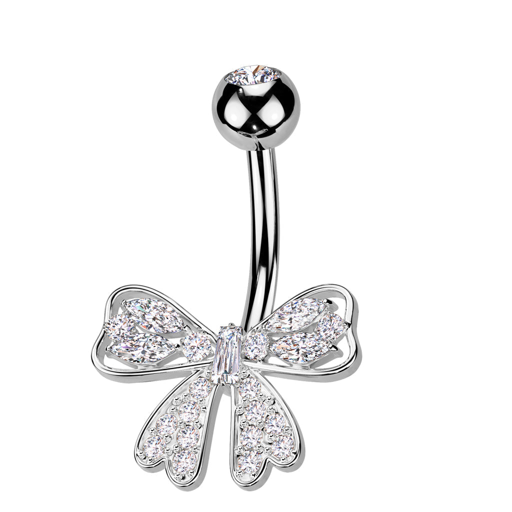 Cherry Diva Belly Bar Silver 14 Gauge Crystal Ribbon Belly Button Bar