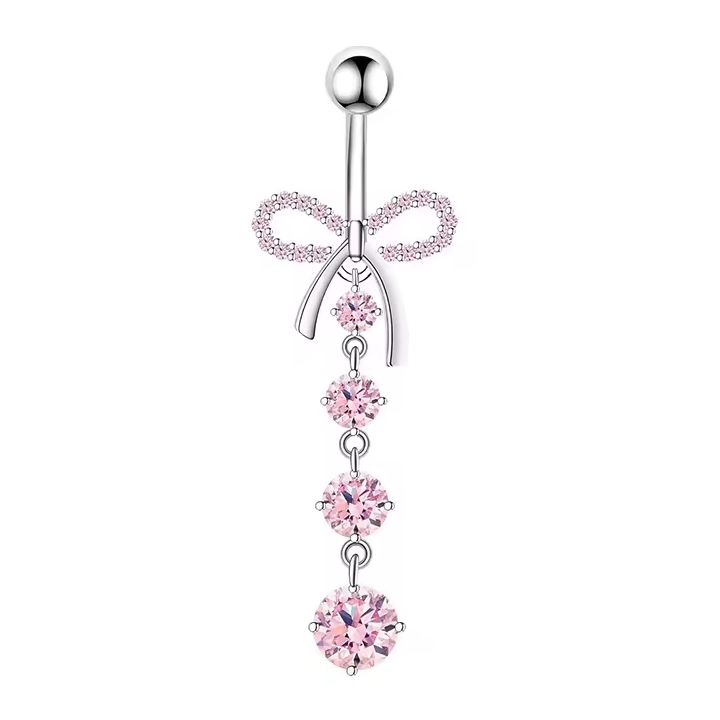Cherry Diva Belly Bar Silver 14 Gauge Dangling Crystal Bow Belly Button Bar