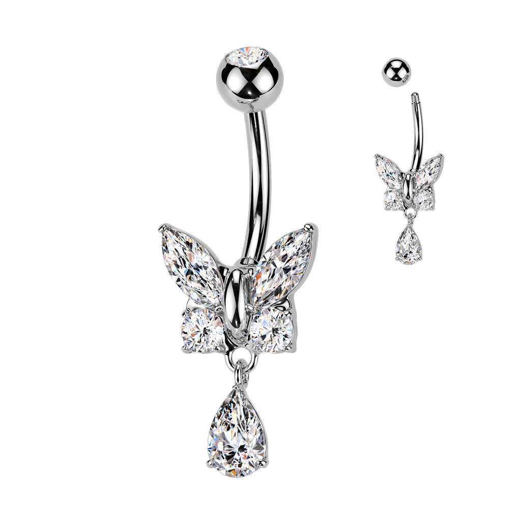 Cherry Diva Belly Bar Silver 14 Gauge Dangling Crystal Butterfly Belly Button Bar