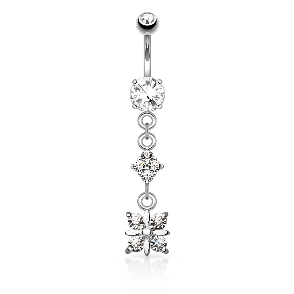 Cherry Diva Belly Bar Silver 14 Gauge Dangling Crystal Charm Belly Button Bar